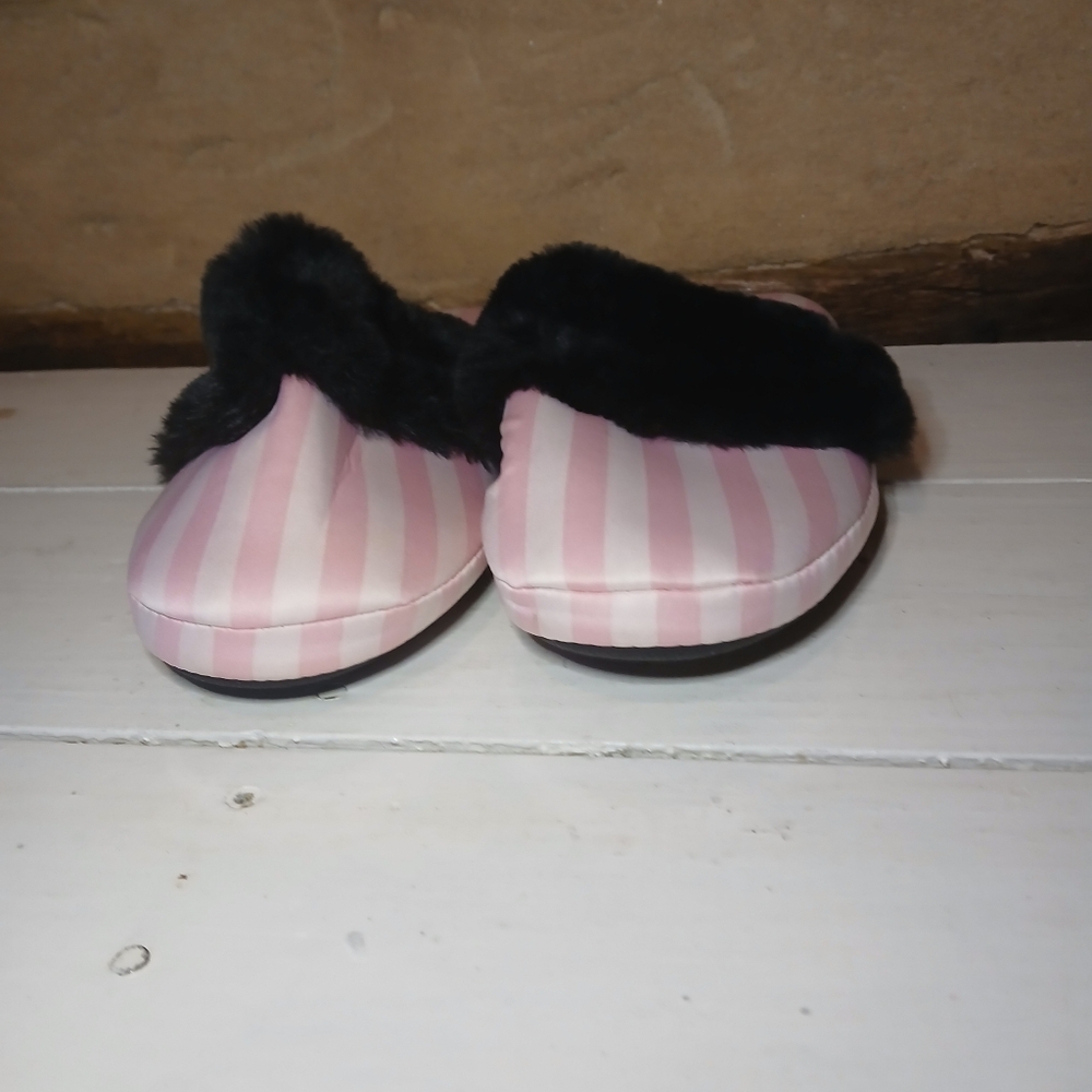 Victoria's Secret Pink & White Striped Satin Fur Trimmed Slippers Size Medium - Picture 2 of 6